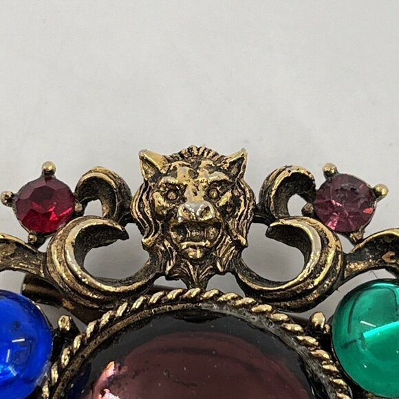 Gold Tone Lion Face Multicolor Cabochon Rhinestone Cluster Brooch Pin - Picture 2 of 8